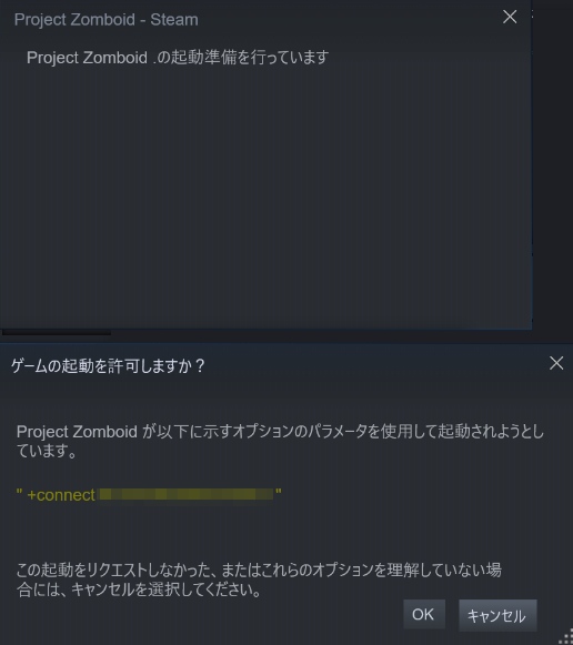 ゲーム起動ウィンドウ(上)と、よくわからない確認ウィンドウ(下)